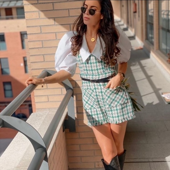 Zara Blogger Favorite Green/White Cotton Tweed Romper Size Medium M - Picture 2 of 10